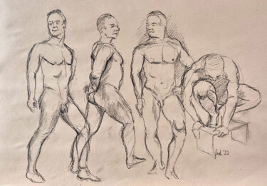 Disegno intitolato "männliche Aktgruppe" da Arne Groh, Opera d'arte originale, Carbone