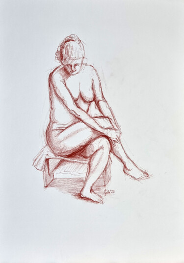 Drawing titled "Sitzender Akt auf H…" by Arne Groh, Original Artwork, Pastel