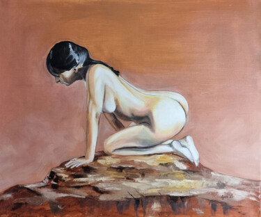 Painting titled "Schöne auf dem Fels…" by Arne Groh, Original Artwork, Oil Mounted on Wood Stretcher frame