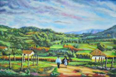 Painting titled "CAMINO A IGUAQUE" by Arney Cardenas, Original Artwork, Oil Mounted on Wood Stretcher frame