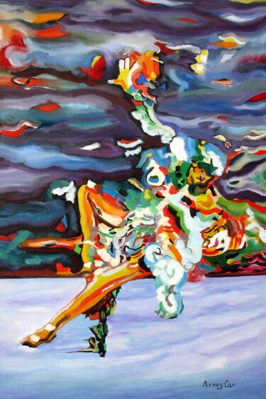 Painting titled "Danzando sobre el h…" by Arney Cardenas, Original Artwork, Oil Mounted on Wood Stretcher frame