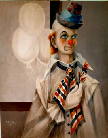 Painting titled "Payaso" by Arney Cardenas, Original Artwork, Oil Mounted on Wood Stretcher frame
