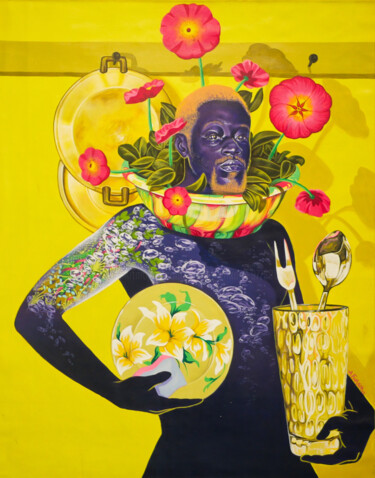 Painting titled "La cuisine à Makepe…" by Arnold Forkam, Original Artwork, Acrylic Mounted on Wood Stretcher frame