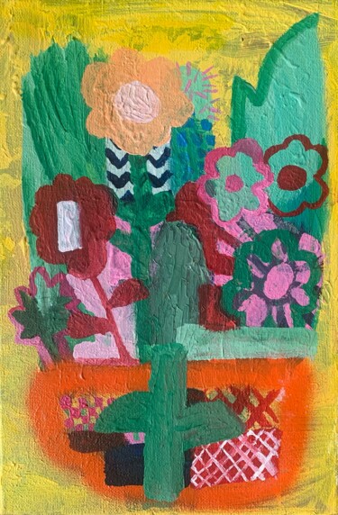 Painting titled "her flowers" by Arnold Krapka, Original Artwork, Acrylic Mounted on Wood Stretcher frame