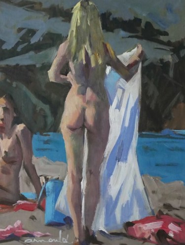 Pintura intitulada "A la plage (huile s…" por Christian Arnould, Obras de arte originais, Óleo