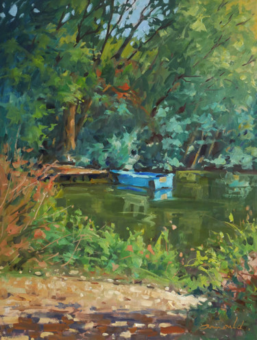 Peinture intitulée "La barque bleue à M…" par Christian Arnould, Œuvre d'art originale, Huile