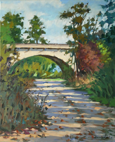 Painting titled "Le pont derrière ch…" by Christian Arnould, Original Artwork, Oil
