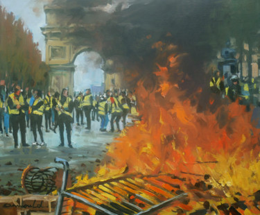 Painting titled "Gilets jaunes à Par…" by Christian Arnould, Original Artwork, Oil