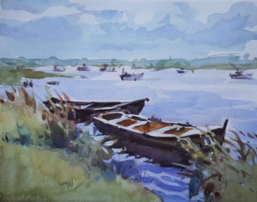 Painting titled "Barques du matin" by Christian Arnould, Original Artwork, Watercolor