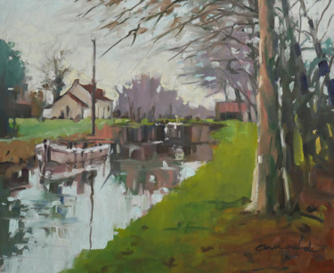 Картина под названием "Au bord du canal" - Christian Arnould, Подлинное произведение искусства, Масло