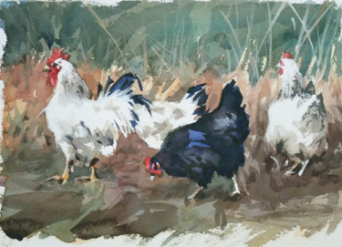 Peinture intitulée "Coq et poules (Aqua…" par Christian Arnould, Œuvre d'art originale, Aquarelle