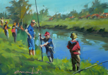 Картина под названием "Partie de pêche (hu…" - Christian Arnould, Подлинное произведение искусства, Масло