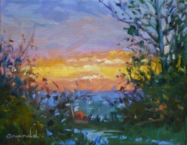 Painting titled "Lever de soleil (hu…" by Christian Arnould, Original Artwork, Oil Mounted on Wood Stretcher frame