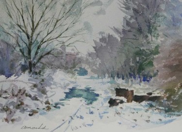 Peinture intitulée "Sous bois enneigé (…" par Christian Arnould, Œuvre d'art originale, Aquarelle