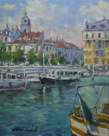 Pintura intitulada "Port à Verdun (huil…" por Christian Arnould, Obras de arte originais, Óleo