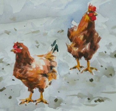 Painting titled "Deux poules (Aquare…" by Christian Arnould, Original Artwork, Watercolor