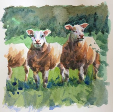 Painting titled "Deux moutons (Aquar…" by Christian Arnould, Original Artwork, Watercolor