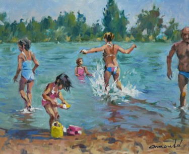 Painting titled "Famille à la plage…" by Christian Arnould, Original Artwork, Oil