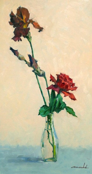 Painting titled "Iris et rose du jar…" by Christian Arnould, Original Artwork, Oil