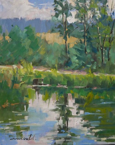 Painting titled "Au bord du canal à…" by Christian Arnould, Original Artwork, Oil