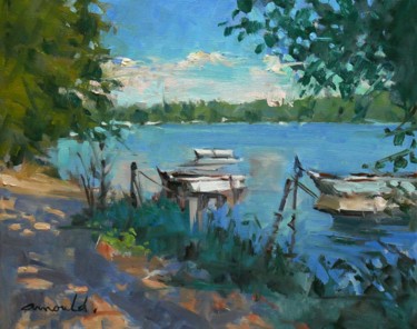 Painting titled "Au bord du lac (hui…" by Christian Arnould, Original Artwork, Oil