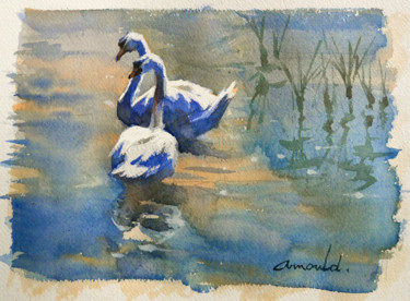 Painting titled "2 cygnes" by Christian Arnould, Original Artwork, Watercolor