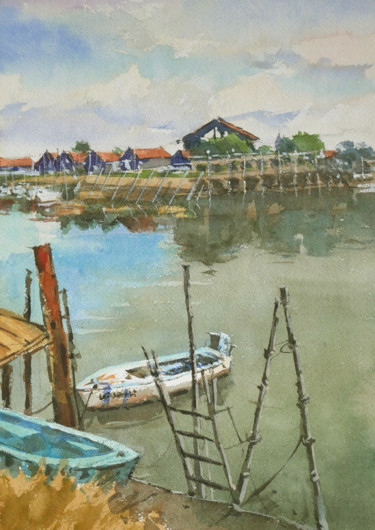 Schilderij getiteld "Port de Larros 3 (s…" door Christian Arnould, Origineel Kunstwerk, Aquarel