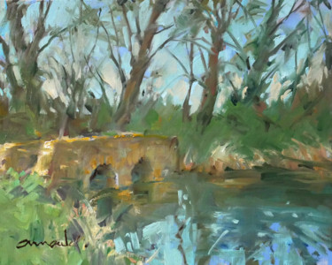 Painting titled "Pont en pierre (hui…" by Christian Arnould, Original Artwork, Oil