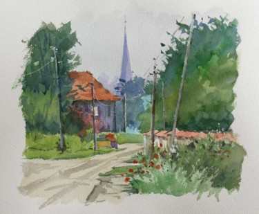 Painting titled "En arrivant à Vézel…" by Christian Arnould, Original Artwork, Watercolor