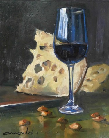 Pintura intitulada "Vin et  fromage (hu…" por Christian Arnould, Obras de arte originais, Óleo
