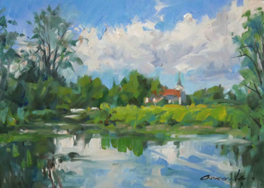 Painting titled "Village au loin (hu…" by Christian Arnould, Original Artwork, Oil