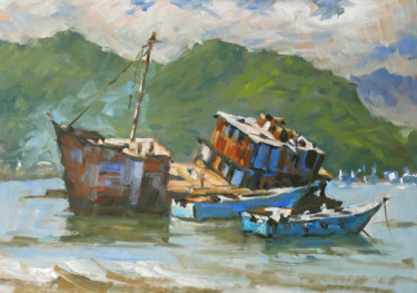 Painting titled "Bateau échoué (huil…" by Christian Arnould, Original Artwork, Oil