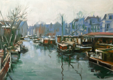 Картина под названием "Port d'Amsterdam (h…" - Christian Arnould, Подлинное произведение искусства, Масло