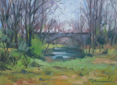 Painting titled "Petit pont au loin…" by Christian Arnould, Original Artwork, Oil