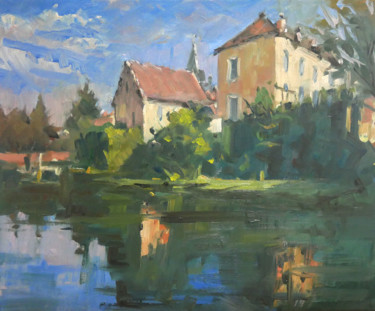 Pintura intitulada "Reflets des maisons…" por Christian Arnould, Obras de arte originais, Óleo