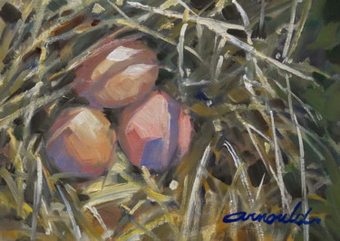 Trois œufs dans le nid (huile sur papier 30 x 21) Peinture intitulée "Trois œufs dans le…" par Christian Arnould, Œuvre d'art originale, Huile