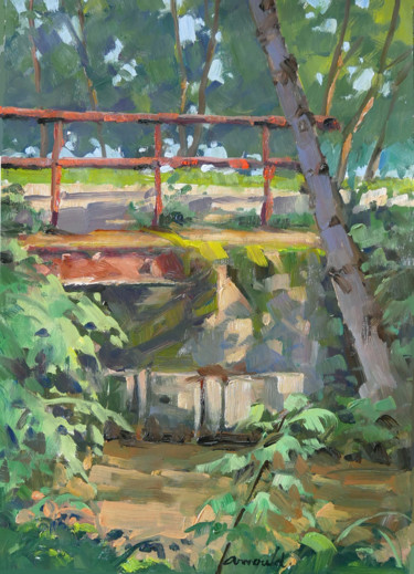 Painting titled "Petit pont à Flavig…" by Christian Arnould, Original Artwork, Oil