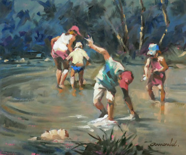 Painting titled "Enfants jouant dans…" by Christian Arnould, Original Artwork, Oil