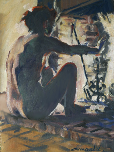 Devant la cheminée (huile sur papier 28 x 37) Картина под названием "Devant la cheminée…" - Christian Arnould, Подлинное произведение искусства, Масло