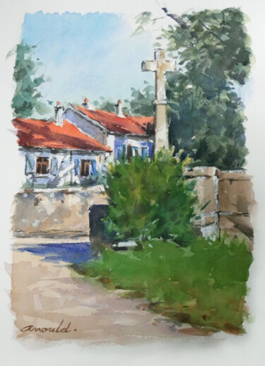 Calvaire à Pulligny.Aquarelle Pintura intitulada "Calvaire à Pulligny…" por Christian Arnould, Obras de arte originais, Aquarela