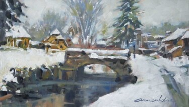 Peinture intitulée "Petit pont enneigé…" par Christian Arnould, Œuvre d'art originale, Huile
