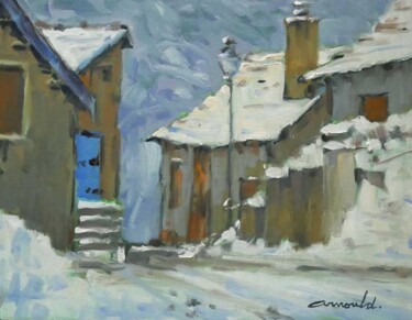 Painting titled "Village sous la nei…" by Christian Arnould, Original Artwork, Oil