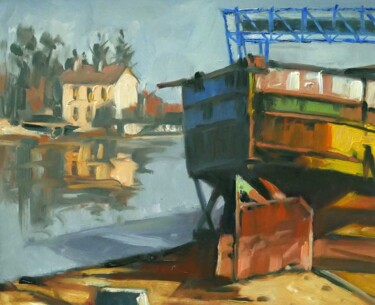 Painting titled "Vieille péniche (hu…" by Christian Arnould, Original Artwork, Oil