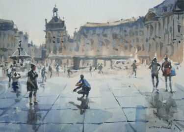 Painting titled "Centre de Bordeaux…" by Christian Arnould, Original Artwork, Watercolor