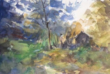 Painting titled "Cabane dans la forê…" by Christian Arnould, Original Artwork, Watercolor