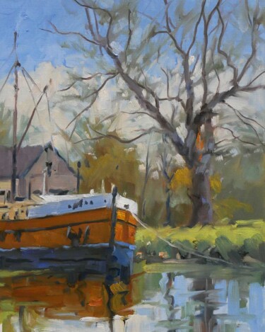 Painting titled "La péniche jaune (h…" by Christian Arnould, Original Artwork, Oil