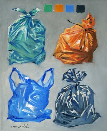 Painting titled "Sacs plastique (hui…" by Christian Arnould, Original Artwork, Oil