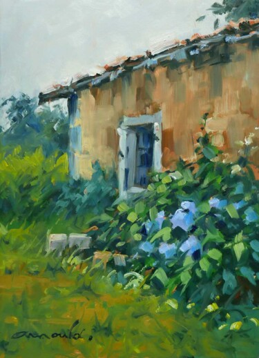 Painting titled "Les Hortensias bleu…" by Christian Arnould, Original Artwork, Oil