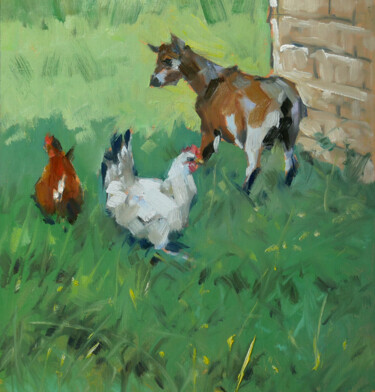 Malerei mit dem Titel "Deux poules et une…" von Christian Arnould, Original-Kunstwerk, Öl
