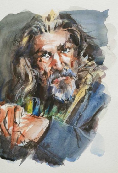 Painting titled "Jeff Bridges" by Christian Arnould, Original Artwork, Watercolor